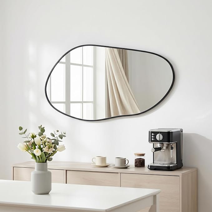 32 x 16.5 Inch Irregular Wall Mirror, Asymmetrical Black Decorative Mirror with Matte Aluminum Frame, Tempered Glass Organic Shape Mirror for Entryway, Bathroom, Bedroom, Vanity & Hallway