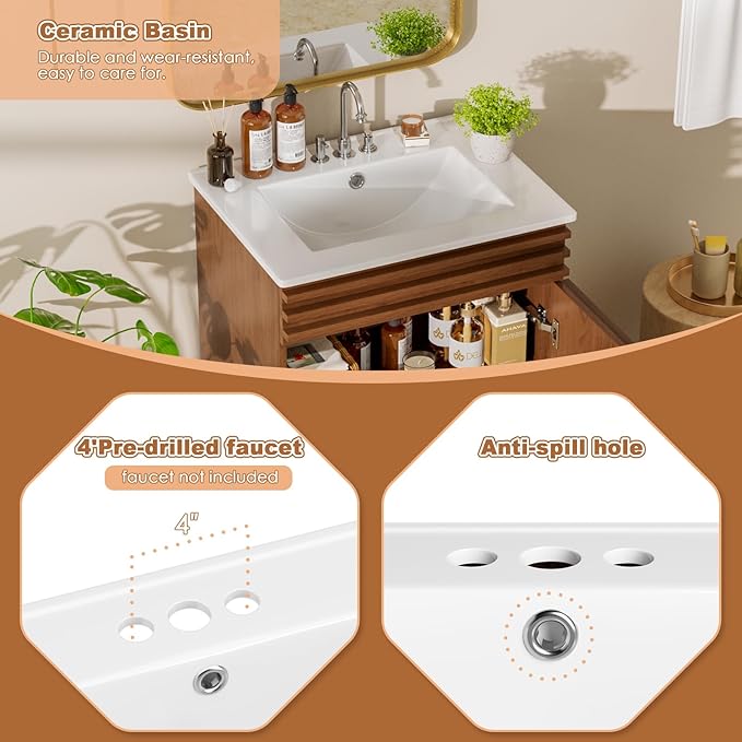 ROOMTEC 24" Walnut Modern Freestanding Bathroom Vanity Sink with Storage, 2 Levels, 2 Compartments, Undermount Ceramic Sink
