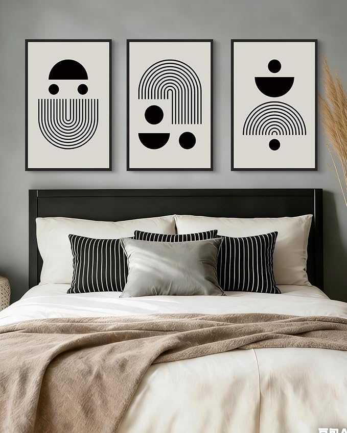 Drsoum Large 16x24in Black Abstract Framed Wall Art Decor Solid and Spiral Semi-Circles Geometric Shapes Drawings Modern Art Decorative Ready To Hang - Black Framed