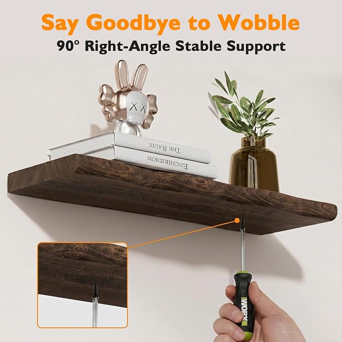 Solid Wood Live Edge Floating Shelves Set of 2 – 36" Rustic Wall Shelf with Hidden Bracket System, Wall Mounted Shelves for Bathroom, Kitchen, Living Room, Bedroom (Charcoal Brown)