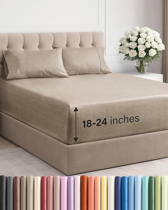 Extra Deep Twin Sheet Set - 4 Piece Breathable and Cooling Sheets - Hotel Luxury Bedding for Women, Men, Kids & Teens - Easy Secure Fit - Soft and Wrinkle Free - Extra Deep Pockets - Heathered Beige
