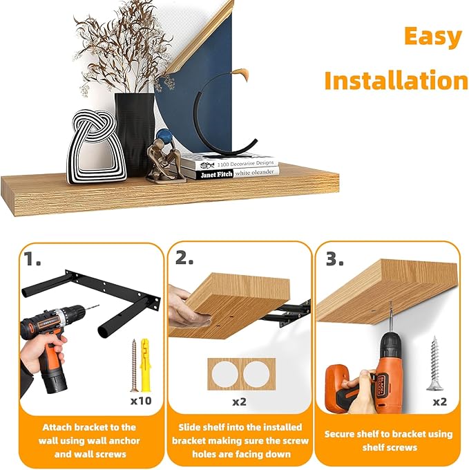 INHABIT UNION Oak Floating Shelves for Wall，24in Wall Mounted Display Ledge Shelves Perfect for Bedroom, Bathroom, Living Room and Kitchen Decoration Storage (Oak, Set of 2)