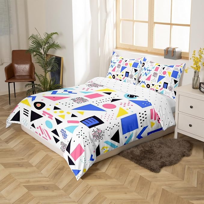 Memphis Style Duvet Cover Full Abstract Colorful Design with Dots Funky Bedding Set for Kids Child Girls Vintage Eighties Comforter Cover Memphis Fashion Bed Sets 80'S Style Retro 1980s Home Decor