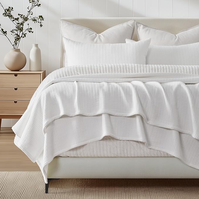 EVERGRACEHOME Cotton Gauze Full Queen Bedspread, Ultra Soft Prewashed Pick Stitch Matelassé Coverlet, Lightweight Textured Oversized Queen Quilt Bedding Set for All Season, with 2 Shams, Ivory White
