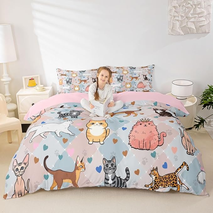 Erosebridal Cat Bedding Set Queen Cute Kitten Duvet Cover Kawaii Pet Animals Comforter Cover for Kids Girls Boys Adults Hearts & Paw Pastel Argyle Patchwork Plaid Bed Set