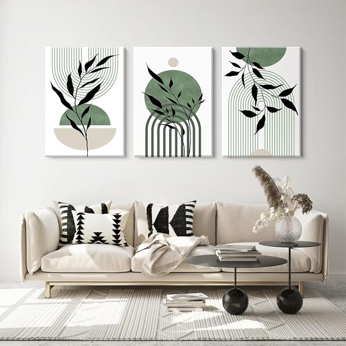 Mid Century Modern Wall Art Set of 3 Sage Green Canvas Wall Art Boho Prints Green Wall Decor Black Beige Abstract Wall Art Picture Mid Century Painting for Home Bedroom 12x16 Inch Wrapped Canvas