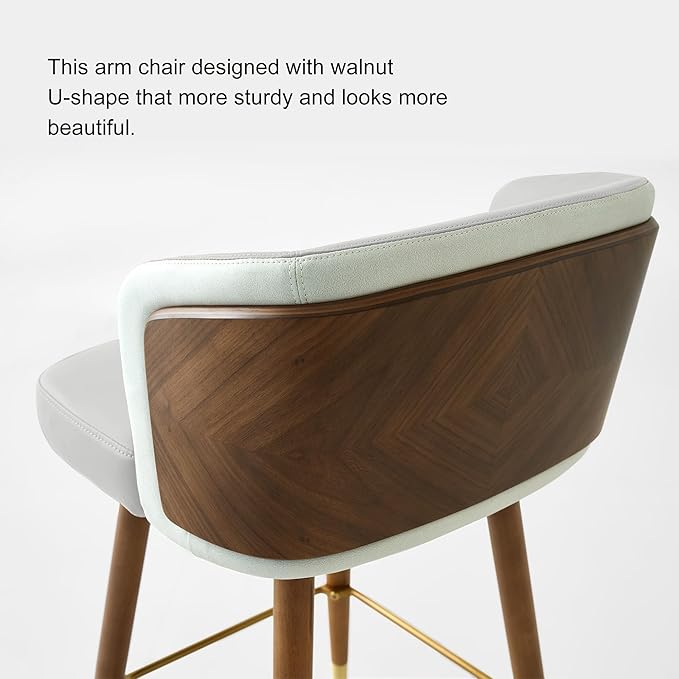 ARTPLAN Mid Century Modern Bar Stools Set of 2 for Counter Height - Leather Upholstered Seat with Walnut Wood Frame, Retro 34 Inch Bar Chairs for Home Kitchen Island, Bar, Breakfast Nook,White