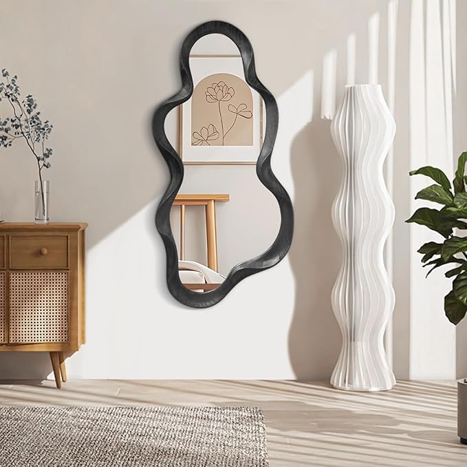 Irregular Wooden Framed Wall Mirror Modern Asymmetrical Cloud Hanging Mirror Artistic Mirror Decor Bathroom Vanity Bedroom Living Room Entryway Hallway Large 47" x 22" Black