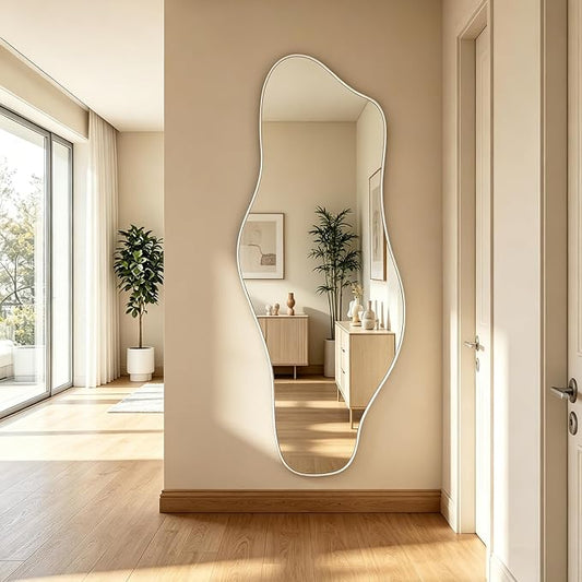 Large Irregular Wall Mirror, 60"x24" Silver Asymmetrical Tempered Glass Mirror, Frameless Organic Shaped Mirrors for Entryway Hallway Bedroom Living Room, Horizontal or Vertical Hanging