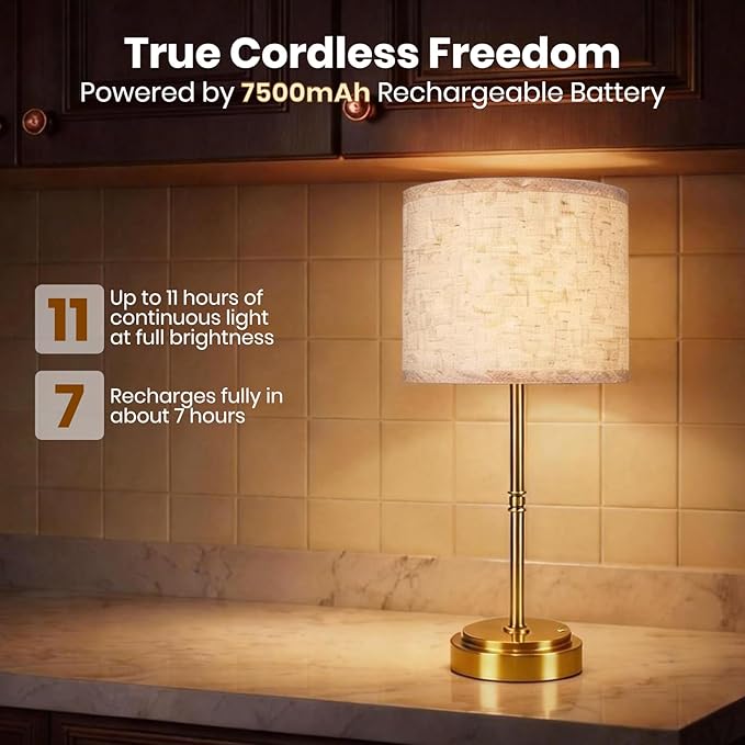 17.7-Inch Tall Cordless Table Lamps Set of 2, 7500mAh Long-Lasting Battery Operated Lights, Stepless Dimmable 3000K Warm Desk Lamps with Easy-Assembly DIY Fabric Shades for Bedroom and Nightstand