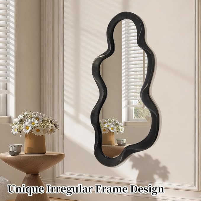 Large Asymmetrical Mirror Irregular Modern Cloud Wall Mirror Wood Frame Unique Artistic Wavy Mirror Wall Mounted Vanity Mirror Decorative for Living Room Bedroom Bathroom Entryway Hallway 30"x14"