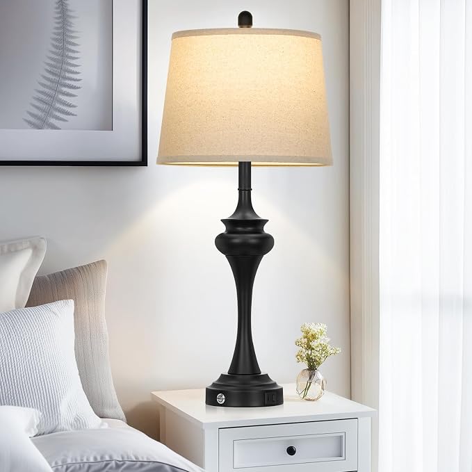 Rinweey 30" Black Tall Table Lamps for Living Room, Touch Control Bedside Lamp with USB A+C Ports, 3-Way Modern Bedroom Table Lamps Set of 2, Elegant Metal Lamp for Nightstand Desk Side Table Office
