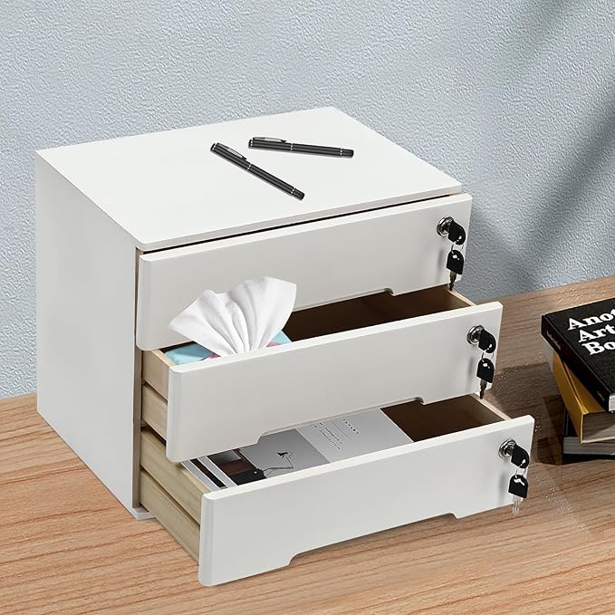 Desktop File Organizer with Lock, 2/3/4 Tier Multi-Drawer Wooden Storage Cabinet, Office Supply Organizer for Home Desk, Study & Workplace (White, 3 Layers)