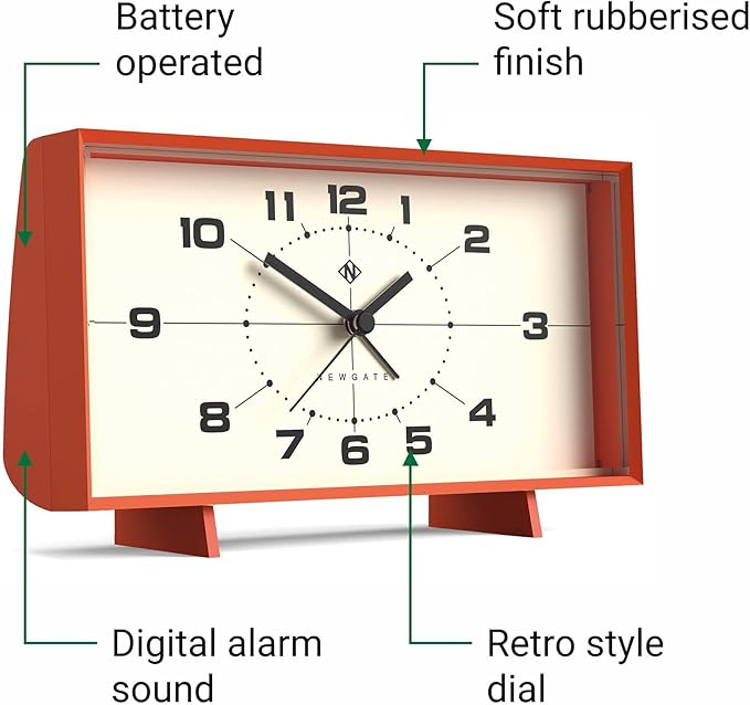 NEWGATE® Wideboy Alarm Clock | Rectangular Retro Design | Pumpkin Orange | Mid-Century dial | Ideal for Bedside, Desk, Mantel or Shelf | Retro Bedroom & Office Accessory