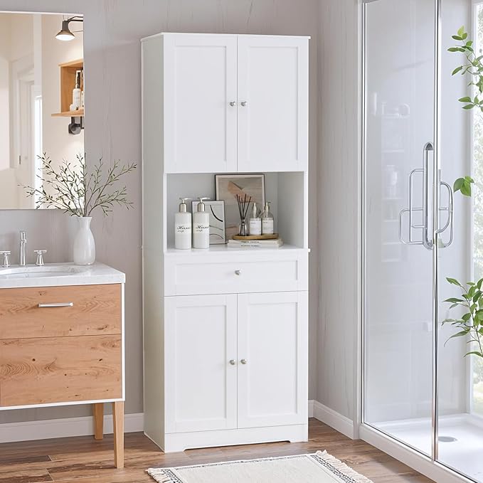 Tall Bathroom Storage Cabinets with Drawer, Modern Linen Cabinet with Doors & Shelves, 67"H Tall Storage Cabinet Freestanding for Bathroom, Dining Room, Kitchen & Pantry, Laundry, Narrow Corner, White