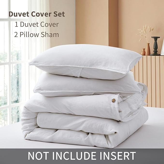 ATLINIA 100% Flax Linen Duvet Cover Set - Stone Washed Pure French Linen Organic Fabric for Farmhouse Comforter Boho Bedding Included 1 Duvet Cover 2 Pillow Shams(White, King)