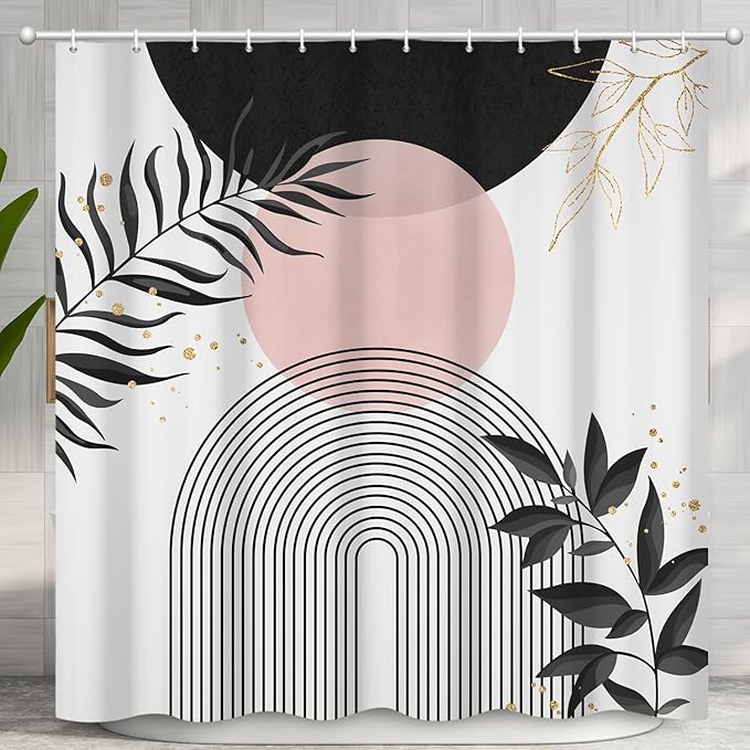 Boho Mid Century Shower Curtain,Black Pink Modern Minimalist Abstract Geometric Gold Plant Leaves Sun Arch Bathroom Curtains Waterproof Fabric Buthtub Curtain Set with Hooks 60" Wx72 L