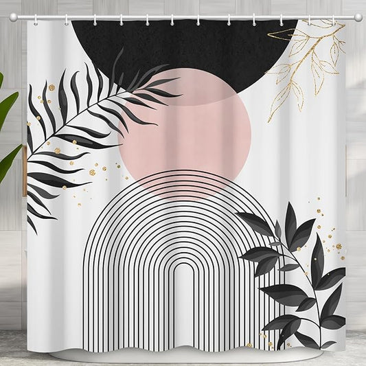 Boho Mid Century Shower Curtain, Black Pink Modern Minimalist Abstract Geometric Gold Plant Leaves Sun Arch Bathroom Curtains Waterproof Fabric Buthtub Curtain Set with Hooks 66" Wx72 L
