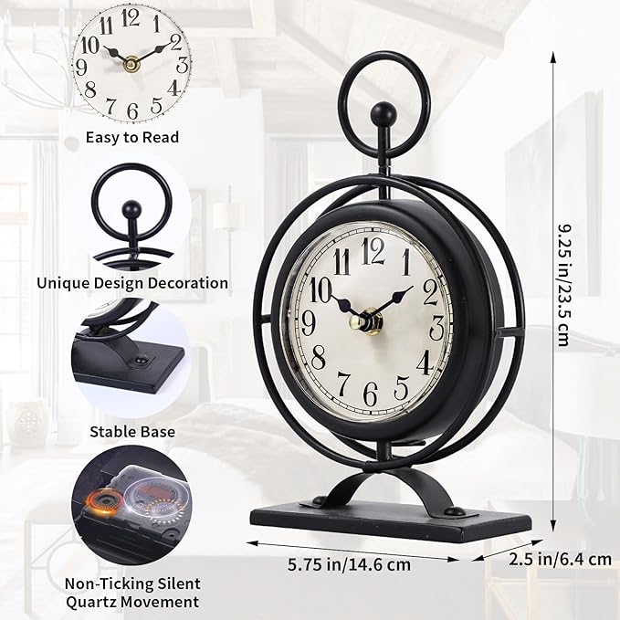 Small Vintage Metal Desk Clock, Decorative Table Clock for Living Room, Silent Mantel Clocks Farmhouse Shelf Decor Battery Operated, 9.5" Black