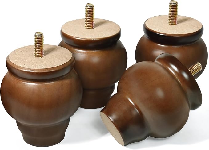 Furniture Legs, Wood Sofa Legs, Turned Couch Legs, Round Furniture Feet for Dresser, Sideboard, Recliner, Coffee Table, Dark Brown, Espresso Color