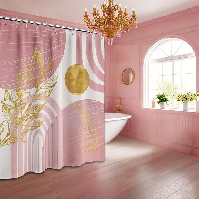 Blush Pink and Gold Shower Curtain Boho Mid Century Light Pink and White Shower Curtains for Bathroom Decor, Waterproof Cloth Fabric with Hooks, 70" W x 78" L
