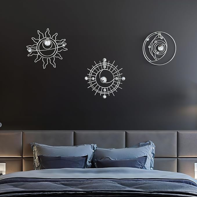 Silver Metal Wall Art, Abstract Sun Moon Star Decor, Modern Line Art Valentine Decorations, Mystical Star Circle Planet Handmade Wall Valentine Decor for Living Room Kitchen Office 9 inch