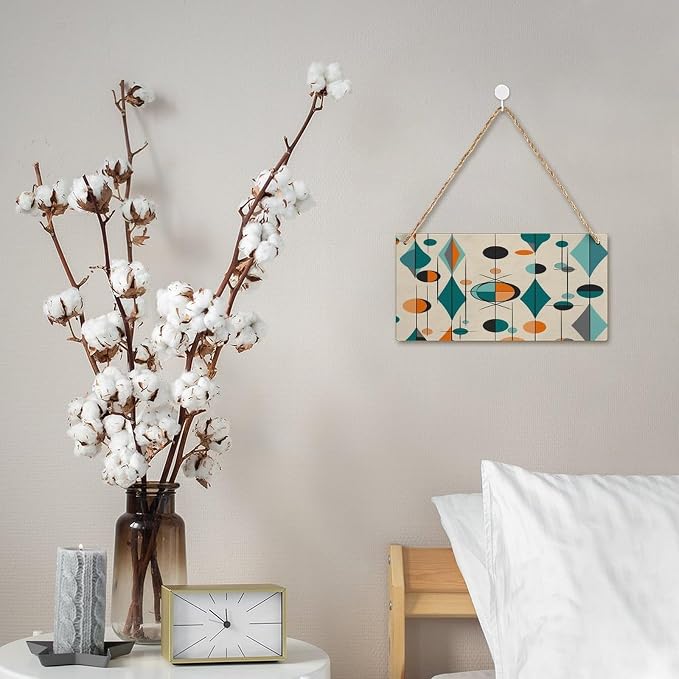 Wooden Hanging Plate, Mid Century Geometric Print Wall Hanging Plaque Hanging Decor Wall Decor Wooden Sign Decorative Sign