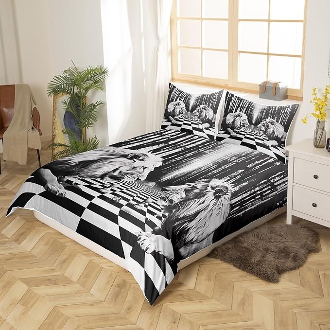 Lion Duvet Cover Set King Size,International Chess Black White Checkered Geometric Bedding Set,Boys Men Room Decor,Wild Jungle Animals Comforter Cover,Rustic Retro Quilt Cover,2 Pillowcases(No Filler)