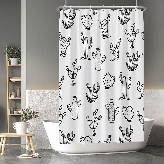 Baocicoo Cartoon Cactus Shower Curtain Tropical Plants Mexican Texas Minimalism Black and White Decorative Artistical Shower Curtains for Home Bathtubs Bath Waterproof Fabric with Hooks 48x72 Inches