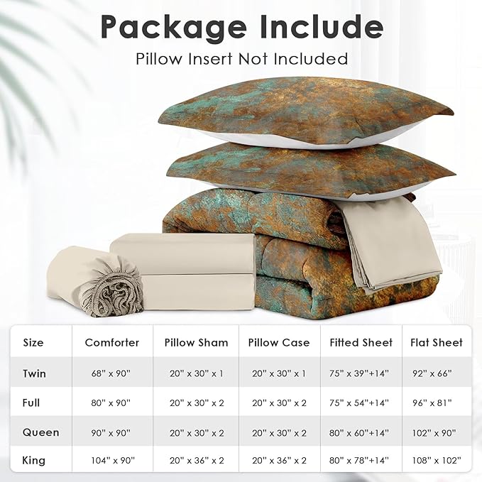 7Pcs Comforter Set King Size, Teal Brown Bronze Copper Gradations Abstract, Bedding Decor Orange Rust Brass Metallic Bedroom Bed Set Flat Sheet Fitted Sheet Pillowcases Shams for Kids Adults