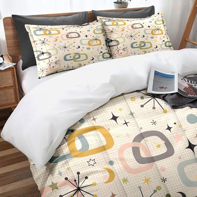 Retro Mid Century Diamond Queen Comforter Set, Atomic Starburst Modern Bedding Set 3 Piece, All Season Soft Children Adults Bedroom Bed Decoration Comforter and 2 Pillow Shams