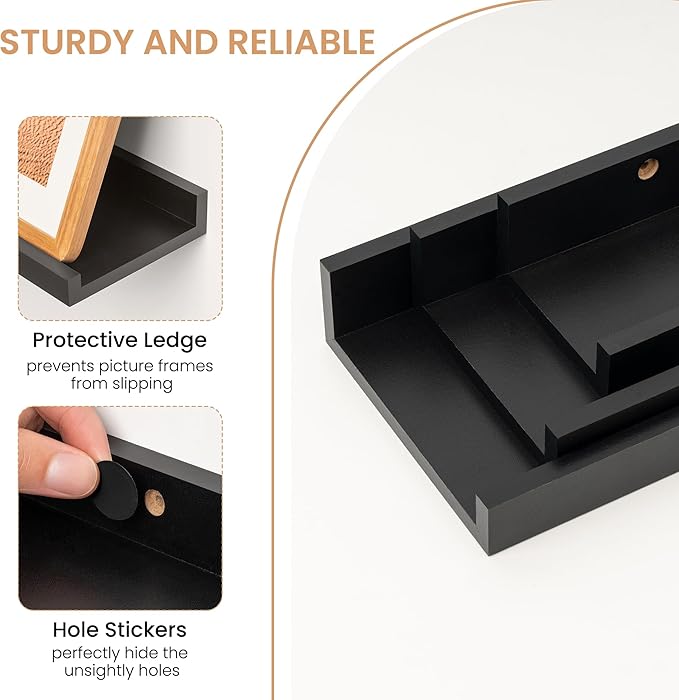 Floating Shelves Set of 6, 16 Inch Picture Ledge Shelf with Lip for Wall, Wall Mounted Display Shelf for Living Room, Bedroom, Nursery, Bathroom, Kitchen, Black
