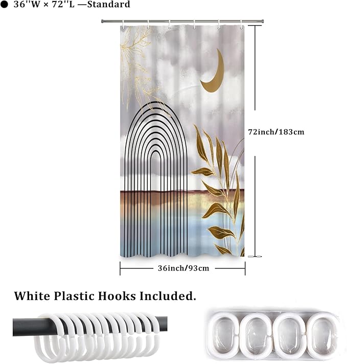 Boho Shower Curtain Abstract Modern Geometric Leaves Shower Curtain Mid Century Minimalist Moon Pattern Decor Bath Curtain Waterproof Fabric with Hooks 36x72