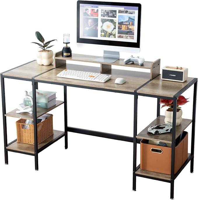 Gaming/Computer Desk - 47” Home Office Small Desk with Monitor Stand, Rustic Writing Desk for 2 Monitors, Adjustable Storage Space, Modern Design Corner Table.