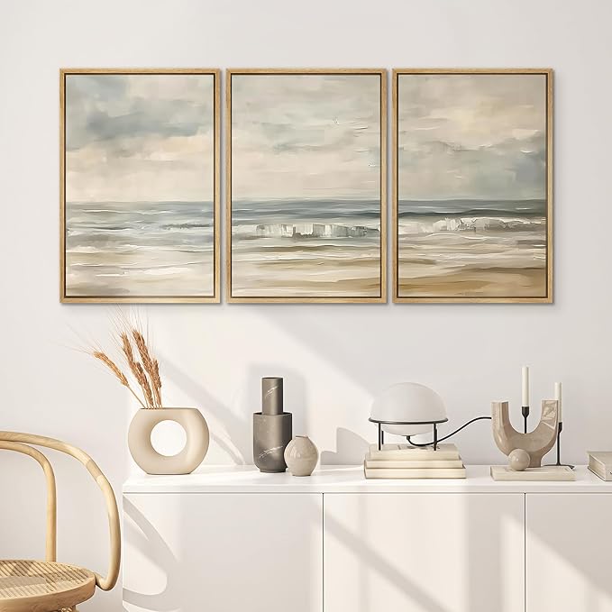 SIGNWIN Framed Canvas Print Wall Art Set Coastal Serenity Abstract Seaside Illustrations Modern Art Decorative Rustic Calm/Zen for Living Room, Bedroom, Office - 16"x24"x3 Natural