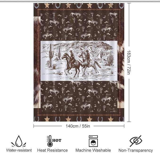 Western Horse Cowboy Shower Curtain for Boys Men Kids Teens Rustic Country Wild West Waterproof Shower Curtains for Bathroom Decor 12 Pack Hooks 55x72in（140x183cm）