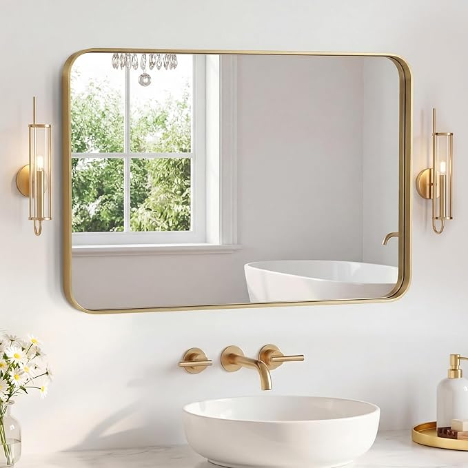 NEWBULIG 30X40 Inch Bathroom Mirror for Over Sink, Wall Vanity Mirrors Tempered Glass, Anti-Rust Metal Framed Rounded Rectangle, Hangs Horizontally or Vertically, Farmhouse Home Decor, Gold