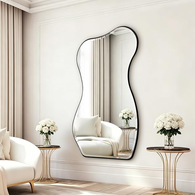 POZINO Large Irregular Beveled Mirror, 63"x32" Asymmetrical Wall Mirror with Metal Frame, Full Length Organic Floor Mirrors for Entryway Living Room Cloakroom Hallway, Leaning/Wall-Mount