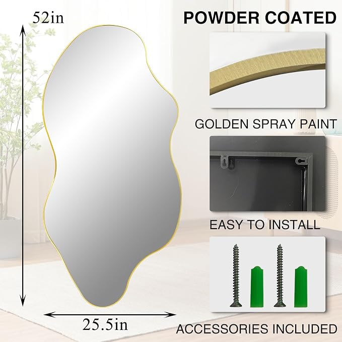Gold Irregular Mirror, 52"x25.5" Large Asymmetrical Aesthetic Wall Mirror, Modern Abstract Frameless Mirrors for Living Room Bedroom Entryway Hallway, Hangs Vertically or Horizontally