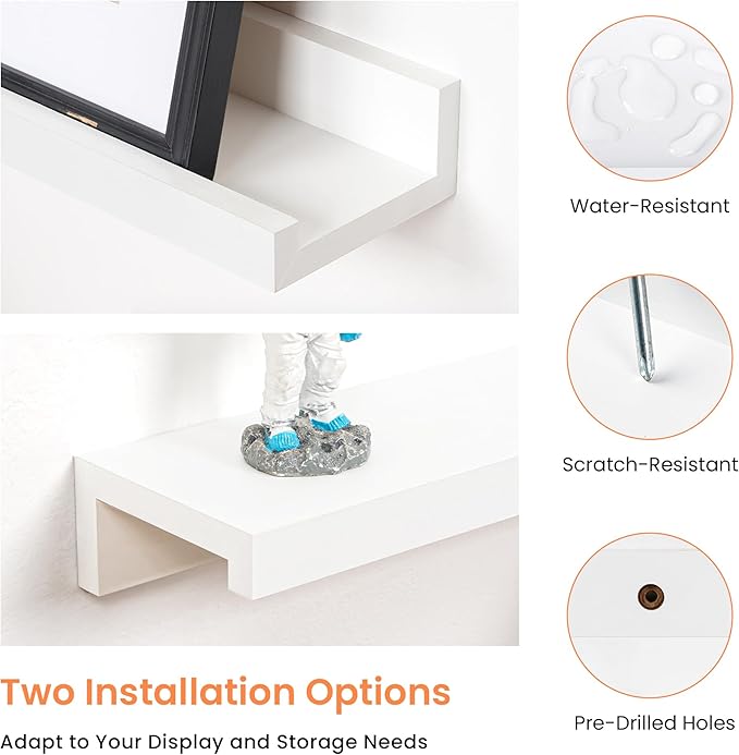 RICHFOCUS Picture Ledge Shelf, 48 inch Floating Shelves Set of 2, Wood Wall Shelves with Lip, Wall Decor Storage for Bedroom Living Room Bathroom Kitchen Nursery Photo Picture, White