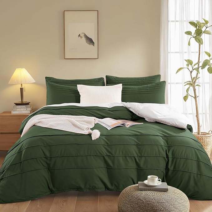 NEXHOME PRO 100% Organic Cotton Duvet Cover Queen, Linen Like Pleated Textured Olive Green Duvet Cover Set, 3pc Bedding Set with Zipper Closure, Soft, Lightweight and Breathable,90"x90", No Comforter