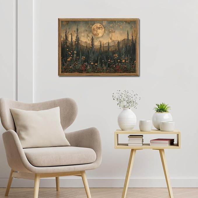 Vintage Nature Forest Wall Art Dark Moon Landscape Painting Wall Decor Woodland Picture Artwork 3D Textured Hand Drawn Sandstone for Farmhouse Bedroom Living Room 24x36 inch Wood Framed