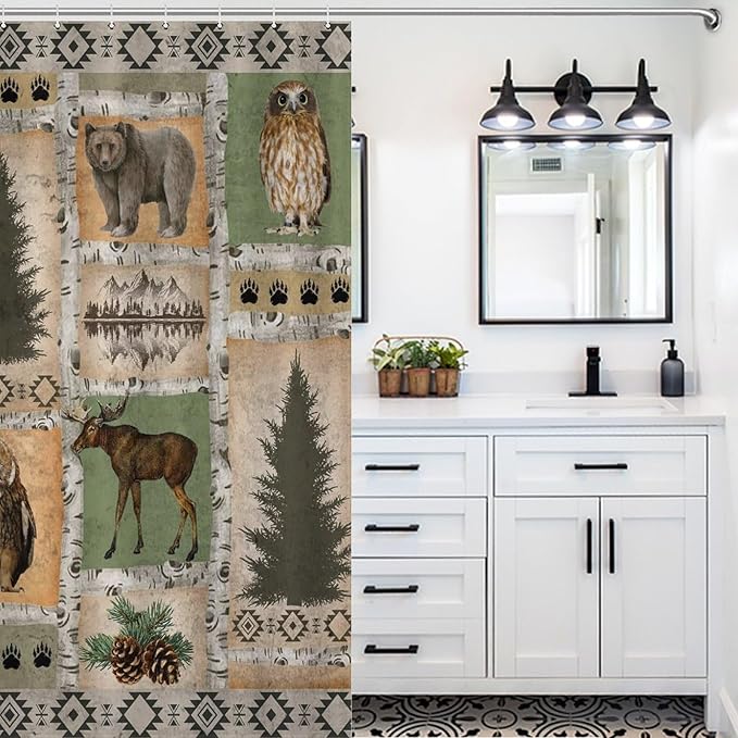 Vintage Bear Country Shower Curtains, Woodland Wildlife Paw Print Dried Branches Patchwork Waterproof Shower Curtains for Bathroom Decor 12 Pack Hooks 55x72in（140x183cm）