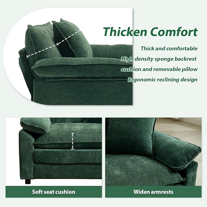 Green Modern Oversized Chair Set of 2, Comfy Chenille Accent Chair Large Upholstered Armchair with Extra Thick and Deep Seat Lounge Chair for Living Room,Bedroom,Apartment