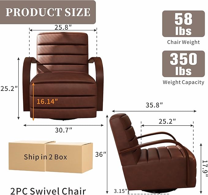 Chifee & Vingol 360° Swivel Accent Chair 30.3" W PU Leather Swivel Living Room Chair with Solid Wood Armrests Mid Century Modern Reading Chair,Set of 2,Brown
