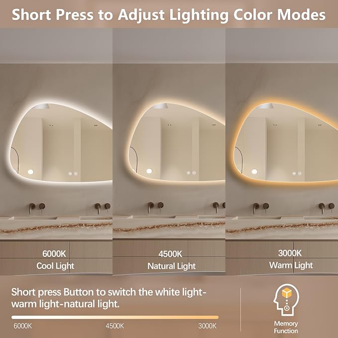 Niccy Irregular LED Bathroom Mirror, 30"x48" Asymmetrical Backlit Vanity Wall Mirrors, Light up Mirrors for Bedroom, Living Room, Modern Smart-Mirror with Anti-Fog, Dimmable, Memory Function