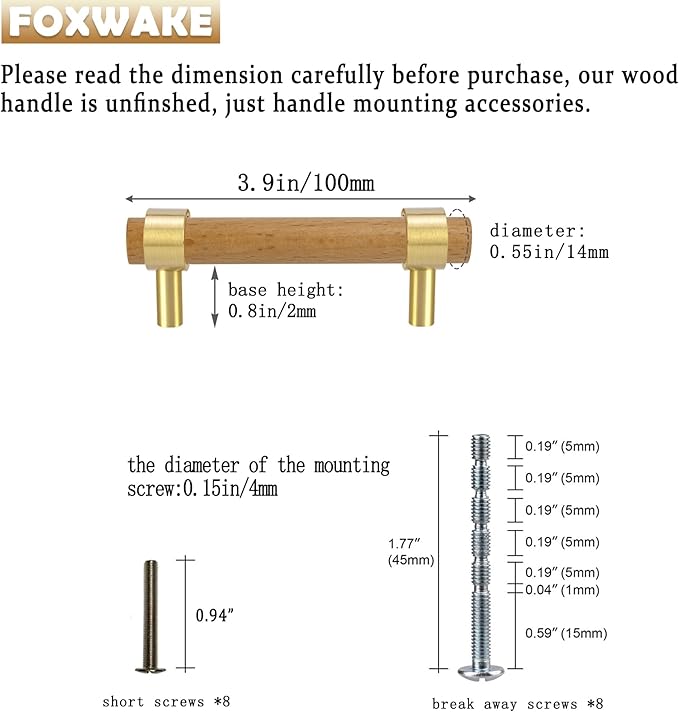 Wood and Brass Dresser Handles 0~3 Inch Double Hole 4Set Adjustable Center to Center Euro Scandi-Modern Kitchen Cabinet Pull, Unfinished DIY Wood and Metal Drawer Knob