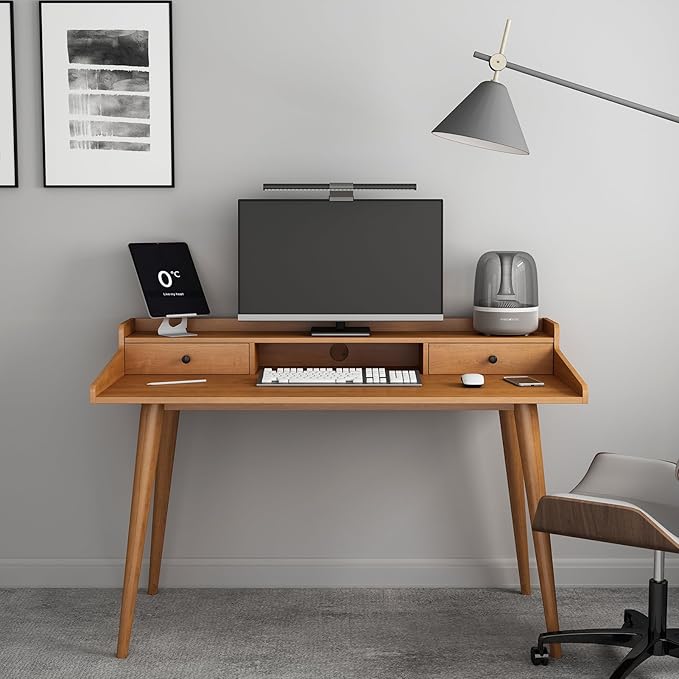 Mid Century Modern Desk, 51" Wood Home Office Writing Computer or Laptop Desk with Monitor Stand Riser and Open Storage Cubby, Vanity Desk with 2 Drawers (51.2"×25.6")
