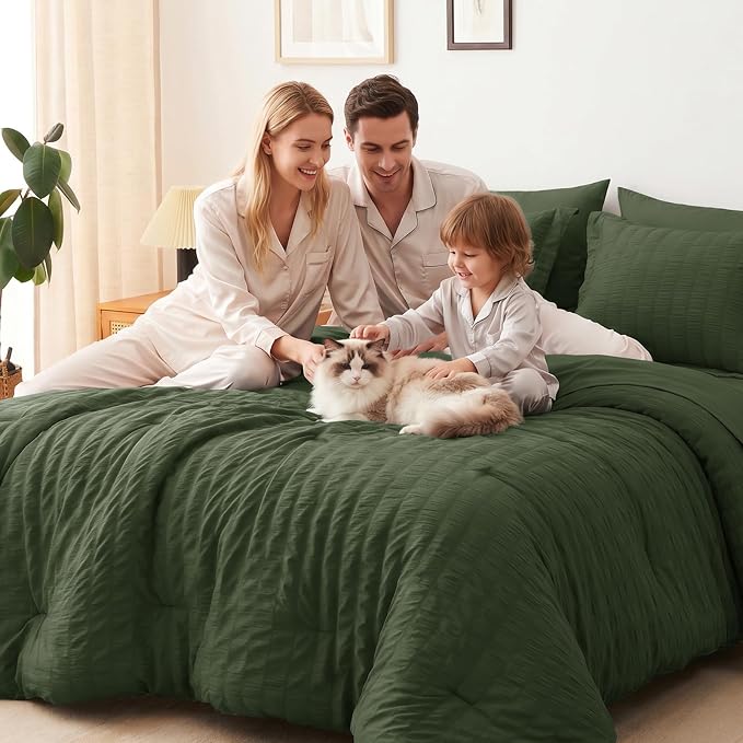 CozyLux Twin Comforter Set with Sheets 5 Pieces, Olive Green Seersucker Luxury Textured Bed in a Bag, All Season Soft Bedding Sets with Down Alternative Comforter, Sheets, Pillowcase & Sham, Home Gift
