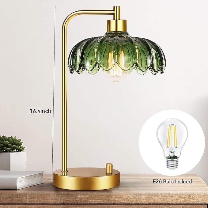 Glass Table Lamp Set of 2,Small Gold Bedside Lamps Dimmable Boho Bedroom Lamp with Tulip Flower Green Lamp Shade,Vintage Mid Century Modern Mini Nightstand Lamp for Bedroom Living Room